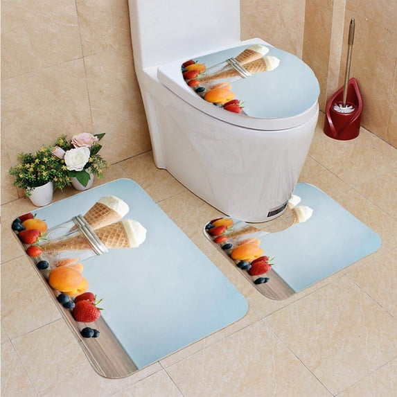 PUDMAD Ice Cream in Cones 3 Piece Bathroom Rugs Set Bath Rug Contour Mat and Toilet Lid Cover