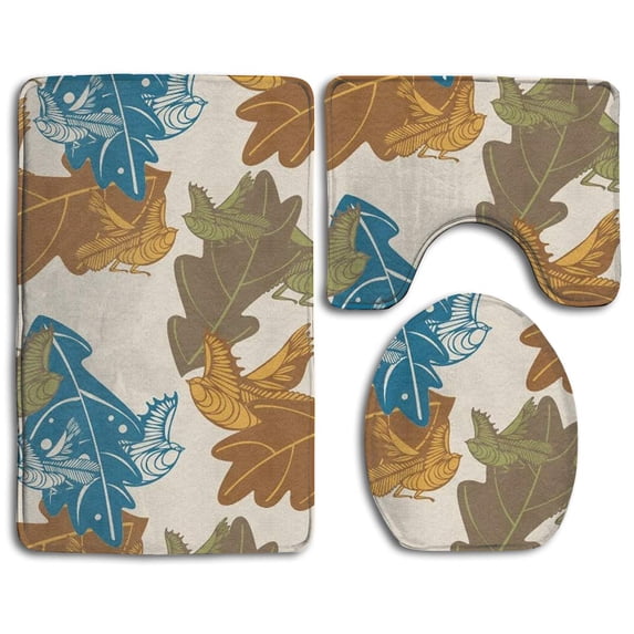 PUDMAD Imaginary Leaves 3 Piece Bathroom Rugs Set Bath Rug Contour Mat and Toilet Lid Cover