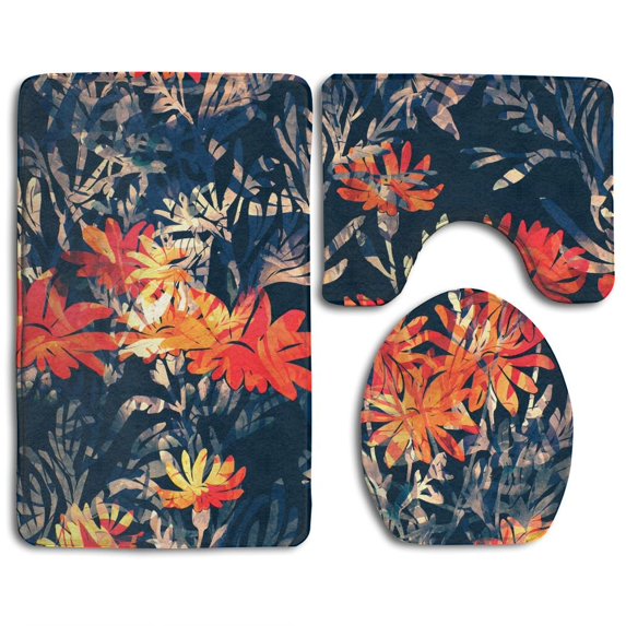 PUDMAD Imprints Meadow Grass Painted Seamless Digital Drawing Watercolor Texture 3 Piece Bathroom Rugs Set Bath Rug Contour Mat and Toilet Lid Cover