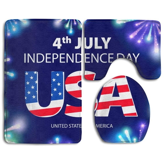 PUDMAD Independence Day Usa 3 Piece Bathroom Rugs Set Bath Rug Contour Mat and Toilet Lid Cover