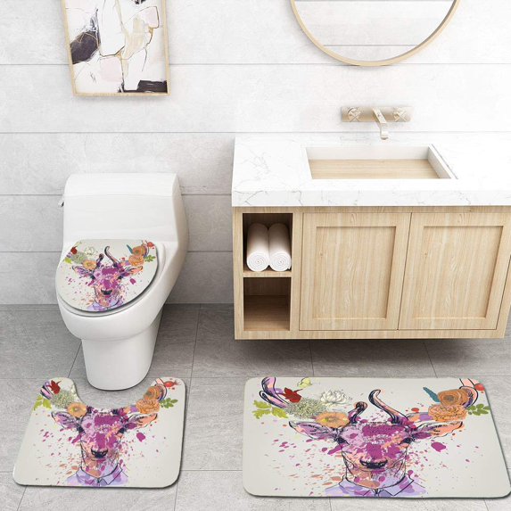 PUDMAD Indie Artistic Colorful Deer Portrait Color Splashes and Various Flowers on Horns 3 Piece Bathroom Rugs Set Bath Rug Contour Mat and Toilet Lid Cover