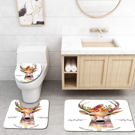 PUDMAD Indie Deer Portrait in Watercolor Painting Style Boho Flower Bouquet Hipster Rustic 3 Piece Bathroom Rugs Set Bath Rug Contour Mat and Toilet Lid Cover