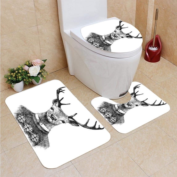 PUDMAD Indie Hand Drawn Deer Portrait in a Nordic Style Knitted Sweater Hipster Christmas Charcoal 3 Piece Bathroom Rugs Set Bath Rug Contour Mat and Toilet Lid Cover
