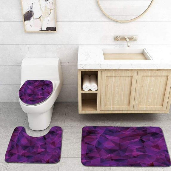 PUDMAD Indigo Broken Glass Inspired Geometric Triangle Abstract Shapes Eggplant Purple Lilac and 3 Piece Bathroom Rugs Set Bath Rug Contour Mat and Toilet Lid Cover