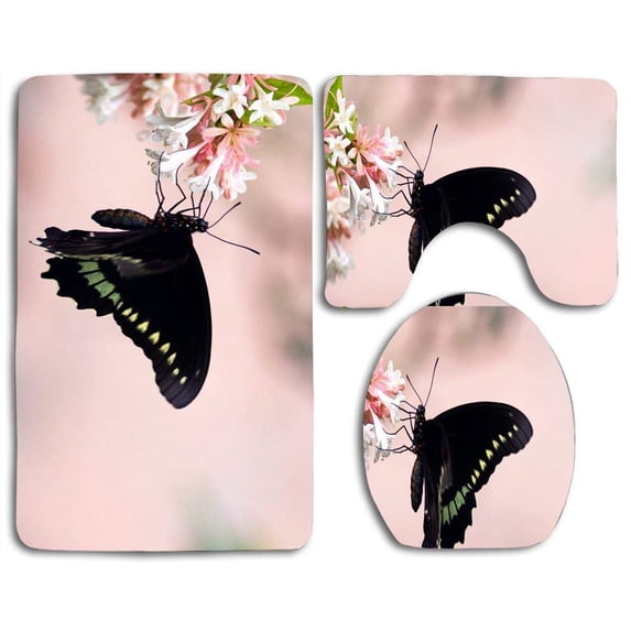PUDMAD Insects Flowers Nature Butterfly Beautiful Plants Pretty Graphys 3 Piece Bathroom Rugs Set Bath Rug Contour Mat and Toilet Lid Cover