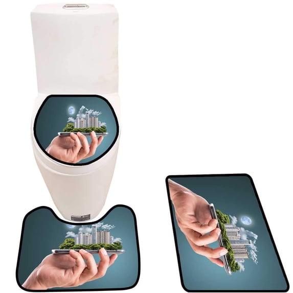 PUDMAD Intelligent buil h Phone for buil Make Green City 3 Piece Bathroom Rugs Set Bath Rug Contour Mat and Toilet Lid Cover