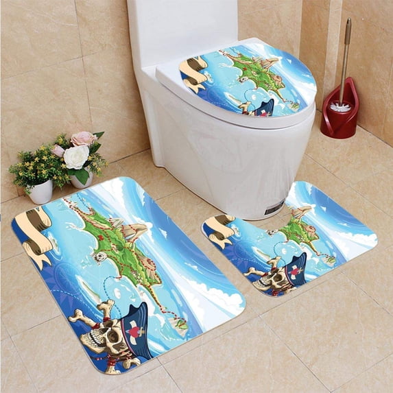 PUDMAD Island Map Aerial View Fantasy Pirate Cove Island Crossbones Captain Skull Figure 3 Piece Bathroom Rugs Set Bath Rug Contour Mat and Toilet Lid Cover