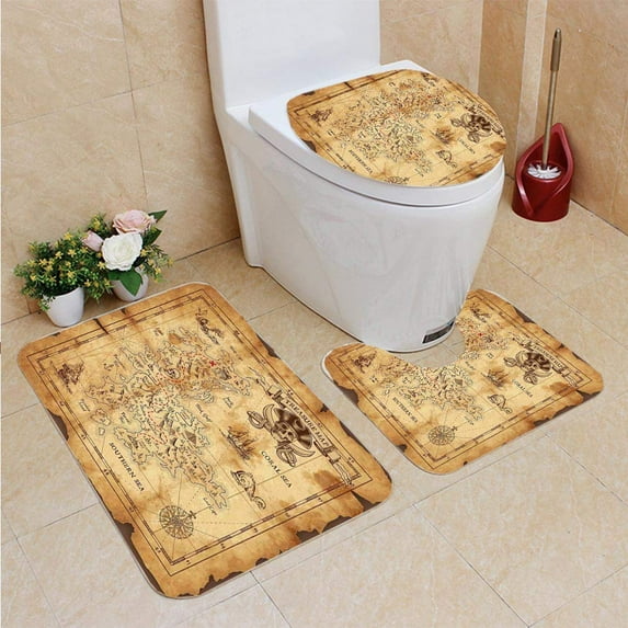 PUDMAD Island Map Super Treasure Map Grungy Rustic Pirates Gold Secret Sea History Theme 3 Piece Bathroom Rugs Set Bath Rug Contour Mat and Toilet Lid Cover