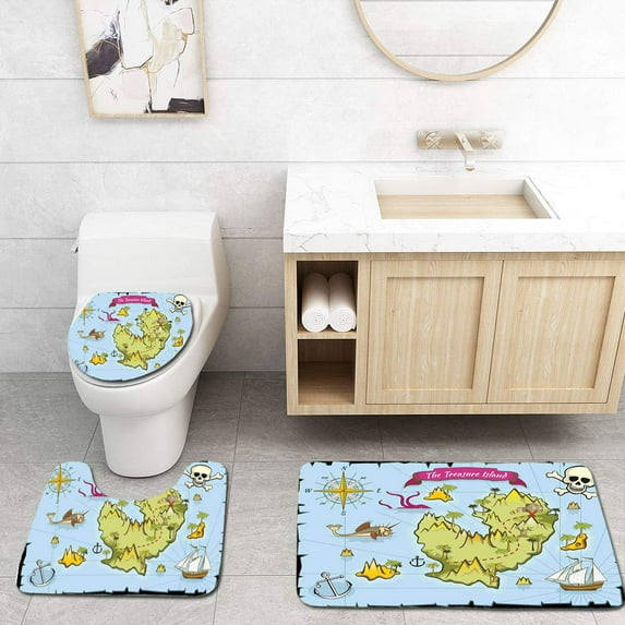 PUDMAD Island Map Treasure Island Skull Nautical Pirate Theme Fictional Fish Kids Theme 3 Piece Bathroom Rugs Set Bath Rug Contour Mat and Toilet Lid Cover