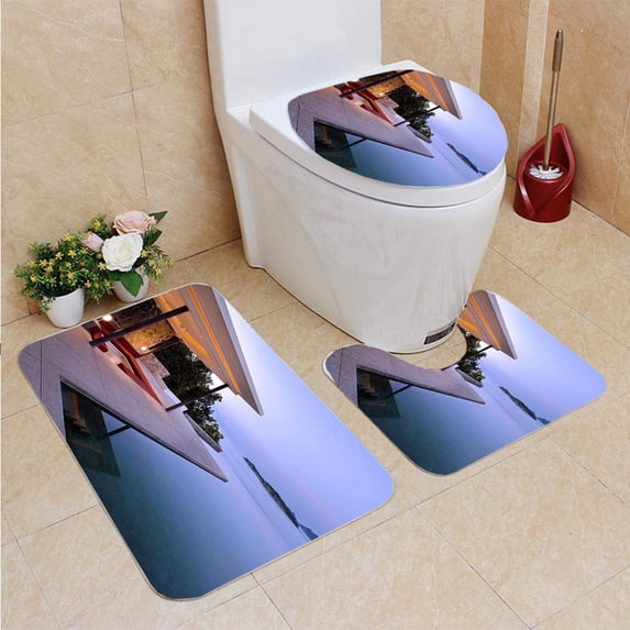 PUDMAD Island Villa Sunrise 3 Piece Bathroom Rugs Set Bath Rug Contour Mat and Toilet Lid Cover