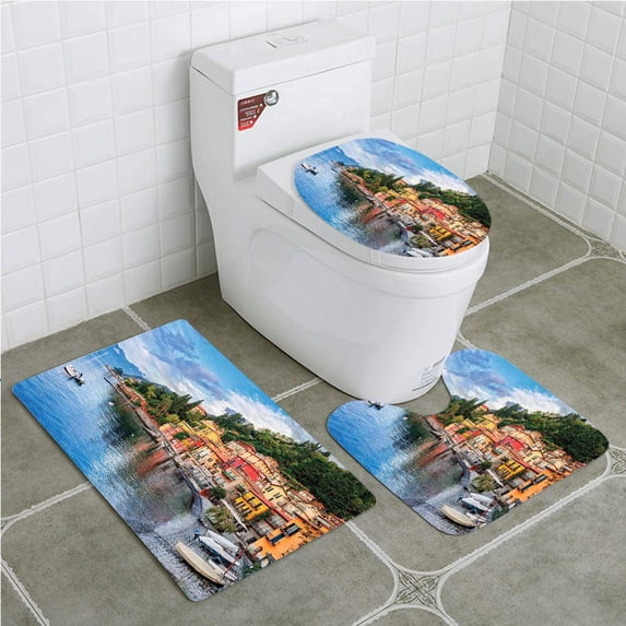 PUDMAD Italian Summer Village by Mediterranean Sea Yacht Boats Idyllic Town 3 Piece Bathroom Rugs Set Bath Rug Contour Mat and Toilet Lid Cover