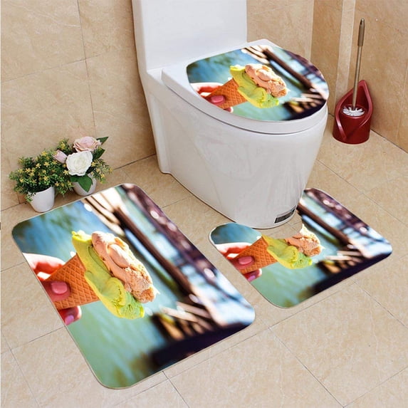 PUDMAD Italian ice Cream Balls in Waffle Cone 3 Piece Bathroom Rugs Set Bath Rug Contour Mat and Toilet Lid Cover