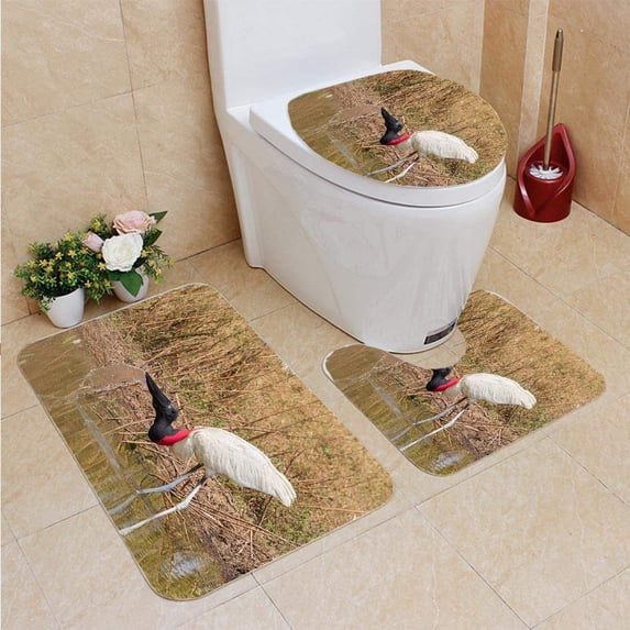 PUDMAD Jabiru Stork Feeding in Wetland 3 Piece Bathroom Rugs Set Bath Rug Contour Mat and Toilet Lid Cover