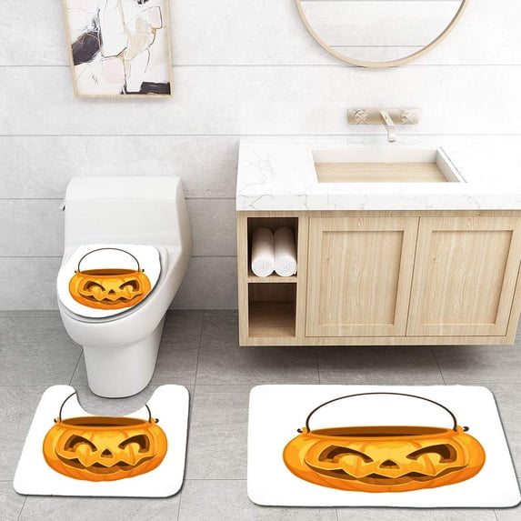 PUDMAD Jack O Lantern Bag Candy on Halloween 3 Piece Bathroom Rugs Set Bath Rug Contour Mat and Toilet Lid Cover