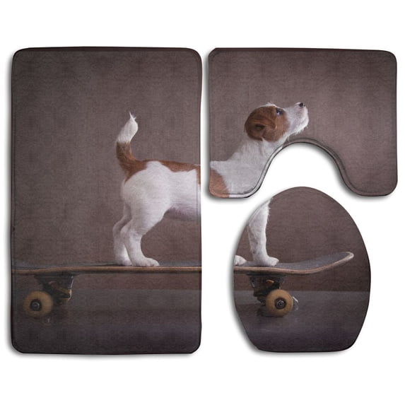 PUDMAD Jack Russell Terrier Skateboard 3 Piece Bathroom Rugs Set Bath Rug Contour Mat and Toilet Lid Cover