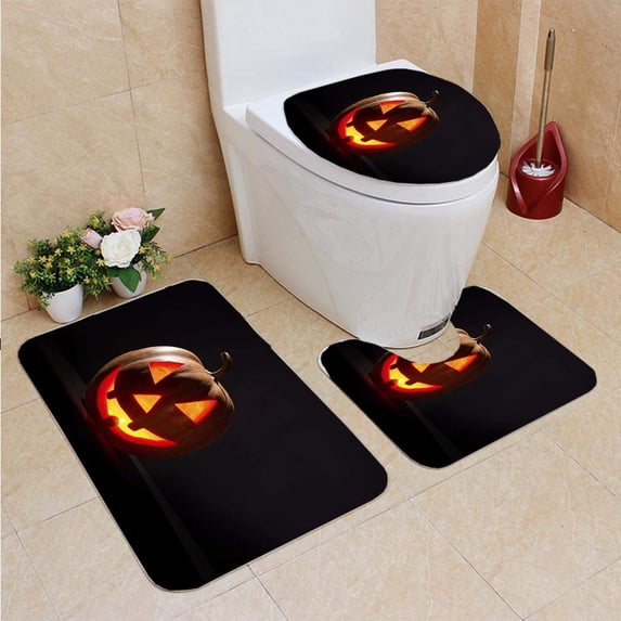PUDMAD Jack olantern 3 Piece Bathroom Rugs Set Bath Rug Contour Mat and Toilet Lid Cover