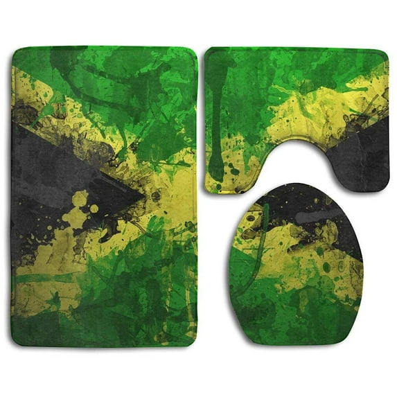 PUDMAD Jamaica Flag 3 Piece Bathroom Rugs Set Bath Rug Contour Mat and Toilet Lid Cover