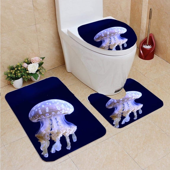 PUDMAD Jelly Fish 3 Piece Bathroom Rugs Set Bath Rug Contour Mat and Toilet Lid Cover