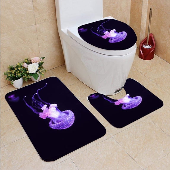 PUDMAD Jelly Fish 3 Piece Bathroom Rugs Set Bath Rug Contour Mat and Toilet Lid Cover