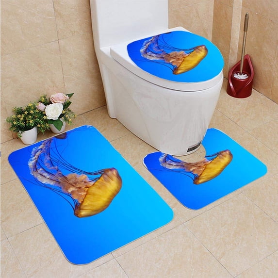 PUDMAD Jellyfish 3 Piece Bathroom Rugs Set Bath Rug Contour Mat and Toilet Lid Cover