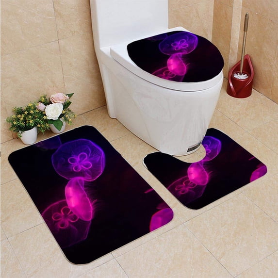 PUDMAD Jellyfish 3 Piece Bathroom Rugs Set Bath Rug Contour Mat and Toilet Lid Cover