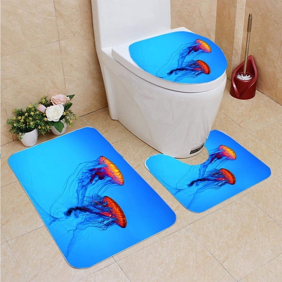 PUDMAD Jellyfish 3 Piece Bathroom Rugs Set Bath Rug Contour Mat and Toilet Lid Cover