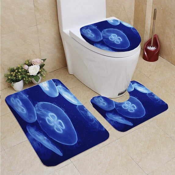PUDMAD Jellyfish 3 Piece Bathroom Rugs Set Bath Rug Contour Mat and Toilet Lid Cover