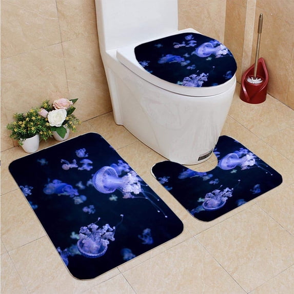 PUDMAD Jellyfish Under Water 3 Piece Bathroom Rugs Set Bath Rug Contour Mat and Toilet Lid Cover