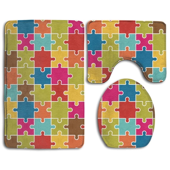 PUDMAD Jigsaw Puzzle Pieces Icon Colorful 3 Piece Bathroom Rugs Set Bath Rug Contour Mat and Toilet Lid Cover