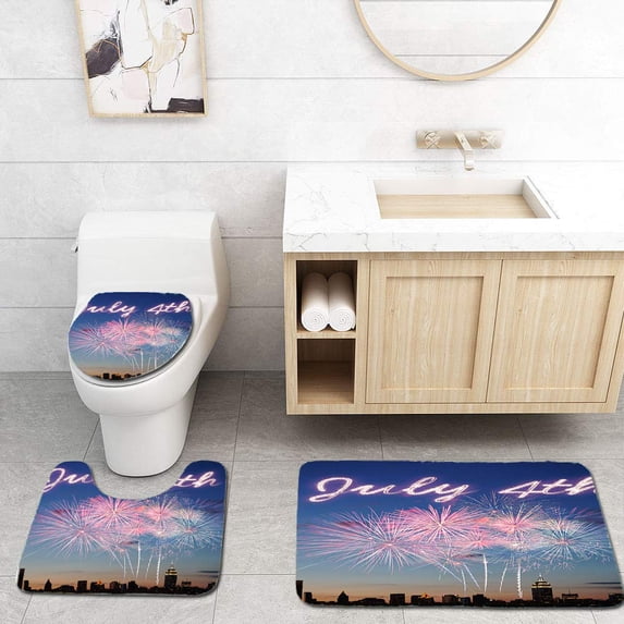 PUDMAD July 4th Celebrations Over New York 3 Piece Bathroom Rugs Set Bath Rug Contour Mat and Toilet Lid Cover