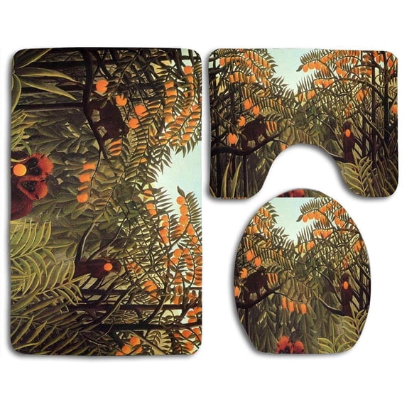 PUDMAD Jungle Monkeys 3 Piece Bathroom Rugs Set Bath Rug Contour Mat and Toilet Lid Cover