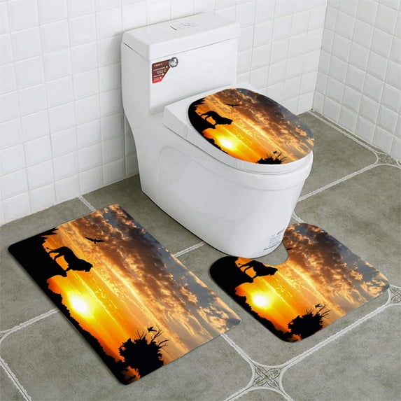 PUDMAD Jungle Mountains Old Tree Birds Lion and Meerkat on Golden Cloudy Sunset 3 Piece Bathroom Rugs Set Bath Rug Contour Mat and Toilet Lid Cover
