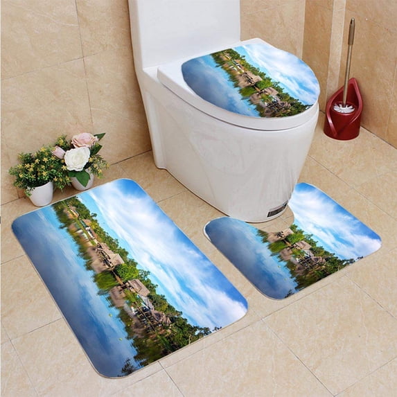 PUDMAD Jungle Town Wide Angle 3 Piece Bathroom Rugs Set Bath Rug Contour Mat and Toilet Lid Cover