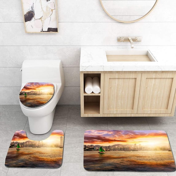 PUDMAD Junkboat Hong Kong Sunset 3 Piece Bathroom Rugs Set Bath Rug Contour Mat and Toilet Lid Cover