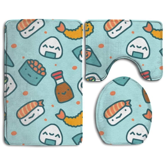 PUDMAD Kawaii Sushi 3 Piece Bathroom Rugs Set Bath Rug Contour Mat and Toilet Lid Cover