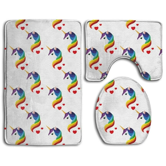 PUDMAD Kawaii Unicorn Colorful Hair 3 Piece Bathroom Rugs Set Bath Rug Contour Mat and Toilet Lid Cover