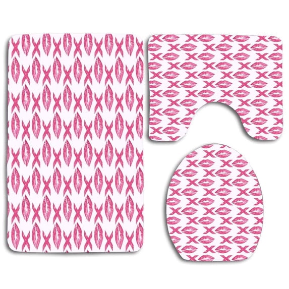 PUDMAD Kiss Hug Xoxo 3 Piece Bathroom Rugs Set Bath Rug Contour Mat and Toilet Lid Cover