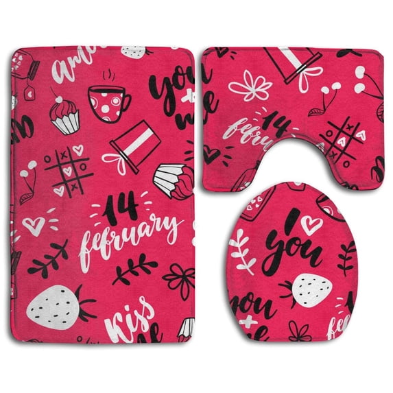 PUDMAD Kiss Strawberry Cake Love Patterns Pink 3 Piece Bathroom Rugs Set Bath Rug Contour Mat and Toilet Lid Cover