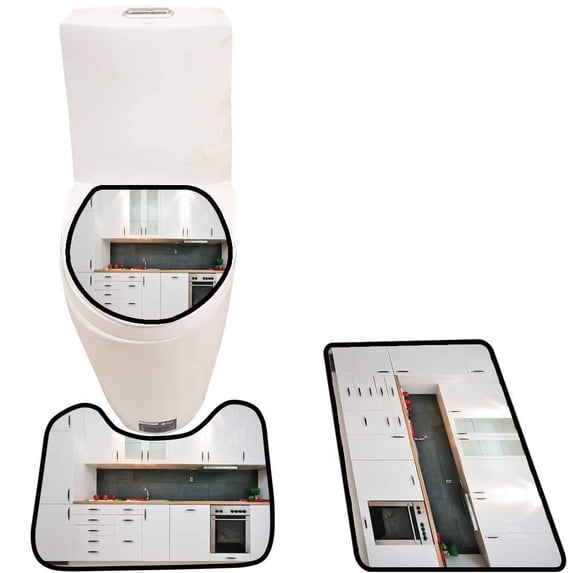 PUDMAD Kitchen 3 Piece Bathroom Rugs Set Bath Rug Contour Mat and Toilet Lid Cover