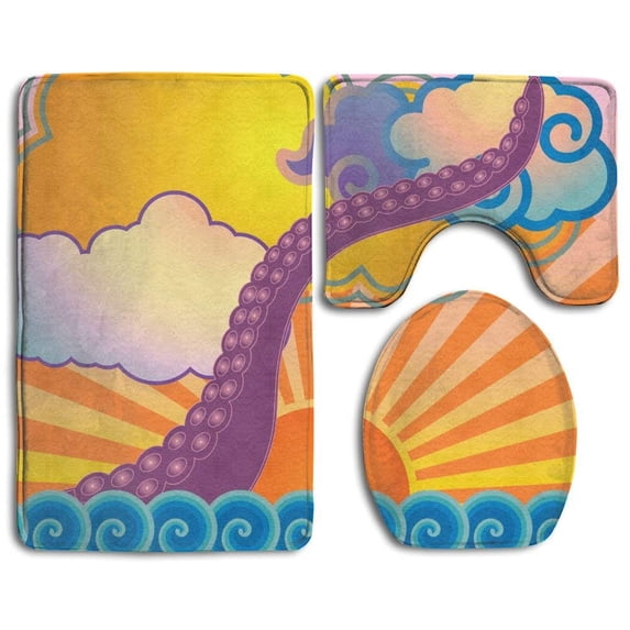 PUDMAD Krakken Octopus 3 Piece Bathroom Rugs Set Bath Rug Contour Mat and Toilet Lid Cover