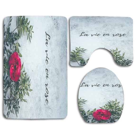 PUDMAD La Vie En Rose Floral 3 Piece Bathroom Rugs Set Bath Rug Contour Mat and Toilet Lid Cover