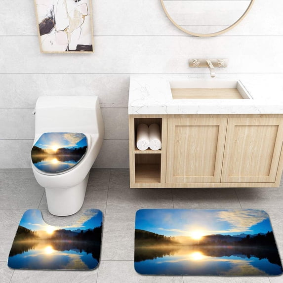 PUDMAD Lake Matheson at Dawn 3 Piece Bathroom Rugs Set Bath Rug Contour Mat and Toilet Lid Cover