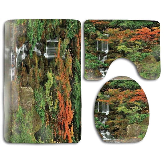 PUDMAD Lake Wild Small Cascade Pouring Over Steep Stones Peaceful Fall Motion Scene 3 Piece Bathroom Rugs Set Bath Rug Contour Mat and Toilet Lid Cover