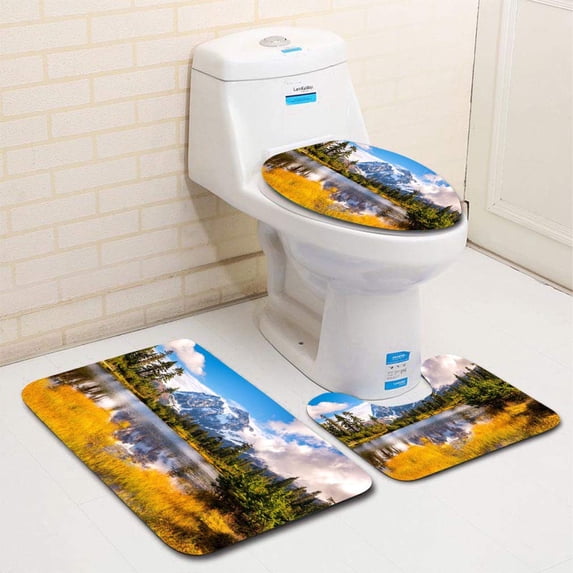 PUDMAD Lake mt shuksan in Fall Colors WA 3 Piece Bathroom Rugs Set Bath Rug Contour Mat and Toilet Lid Cover