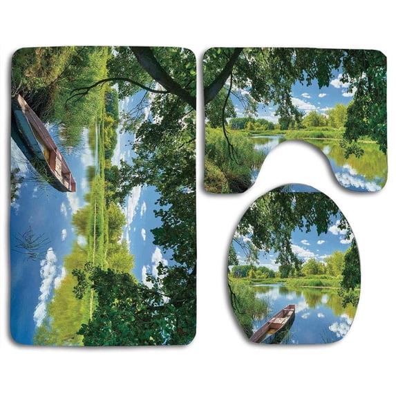 PUDMAD Lakehouse Summer Landscape Narew River Poland Boat Parked Under Fresh Tree 3 Piece Bathroom Rugs Set Bath Rug Contour Mat and Toilet Lid Cover