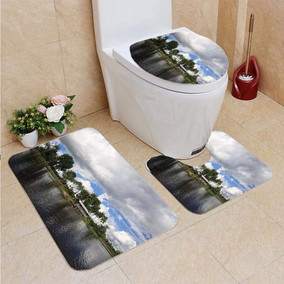 PUDMAD Landscape Amazon Jungle River 3 Piece Bathroom Rugs Set Bath Rug Contour Mat and Toilet Lid Cover
