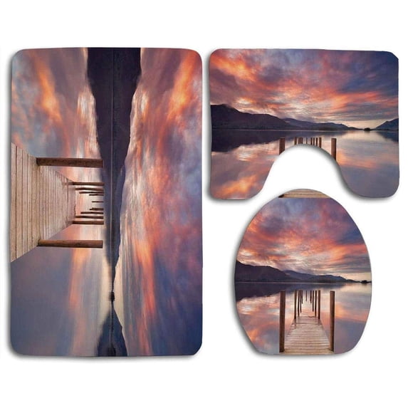 PUDMAD Landscape a Flooded Jetty in Derwent Water Lake District England Sunset Morning Photo 3 Piece Bathroom Rugs Set Bath Rug Contour Mat and Toilet Lid Cover