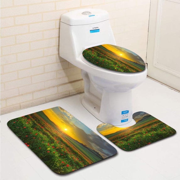 PUDMAD Landscape Poppies in Tuscany Italy at Sunset 3 Piece Bathroom Rugs Set Bath Rug Contour Mat and Toilet Lid Cover