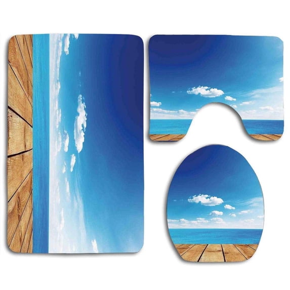 PUDMAD Landscape Seascape View from Pier Under Absorbent 3 Piece Bathroom Rugs Set Bath Rug Contour Mat and Toilet Lid Cover