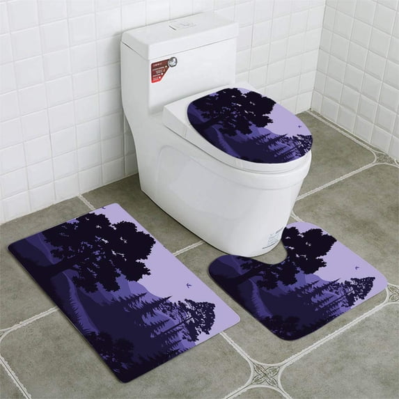 PUDMAD Landscape Trees Mountains and Birds 3 Piece Bathroom Rugs Set Bath Rug Contour Mat and Toilet Lid Cover
